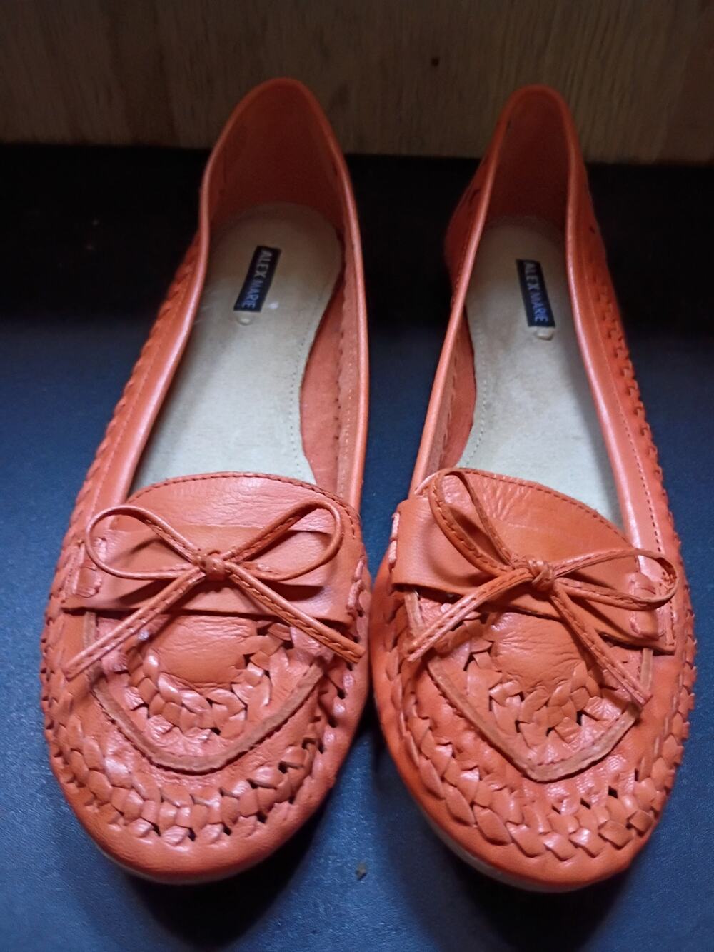Orange Leather Woven Moccasin Loafers Bow Driving Flats Alex Marie 6.5